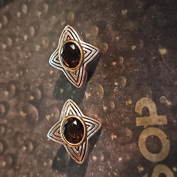 Avon Jewelry - Signed MN Avon Silvertone Smokey Brown Cobachon Clip Earrings